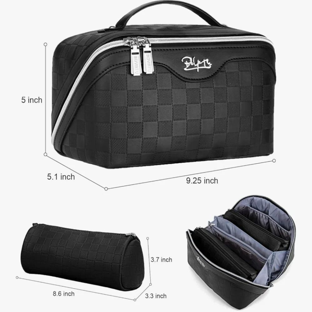 Black Checkered Toiletry Bag With Multiple Compartments